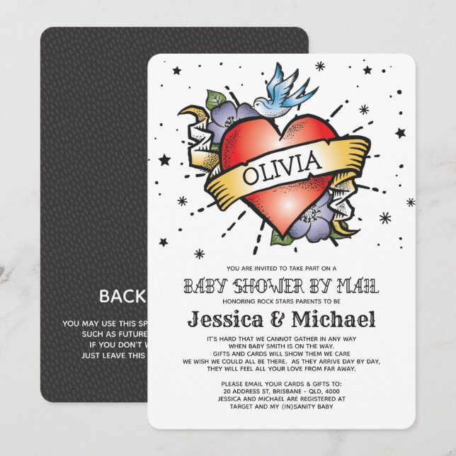 Hjärttatuering - babyvy per post inbjudningar (Fram/baksida)