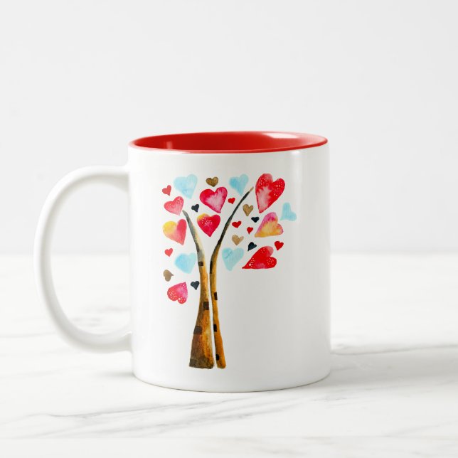 Hjärtträd valentinskarta akvarell konst Två-Tonad mugg (Vänster)