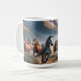 Hjord hästar galopperar, dimmig bergsscen kaffemugg