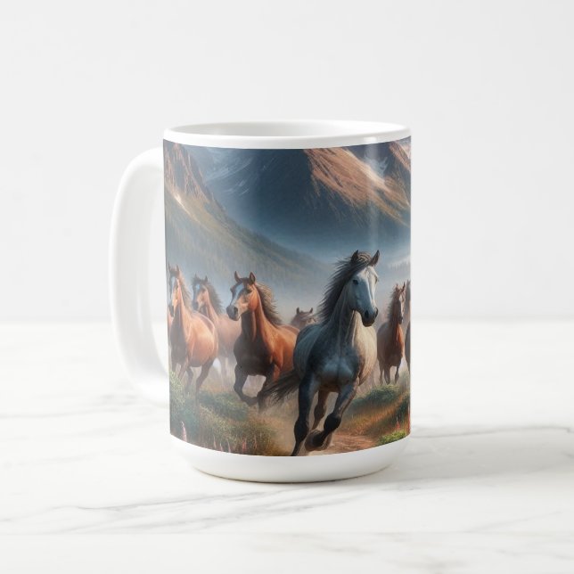 Hjord hästar galopperar, dimmig bergsscen kaffemugg (Framsida vänster)