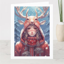 Hjort Anime Girl, Red Hoodie, Helgdag Card Tack Kort