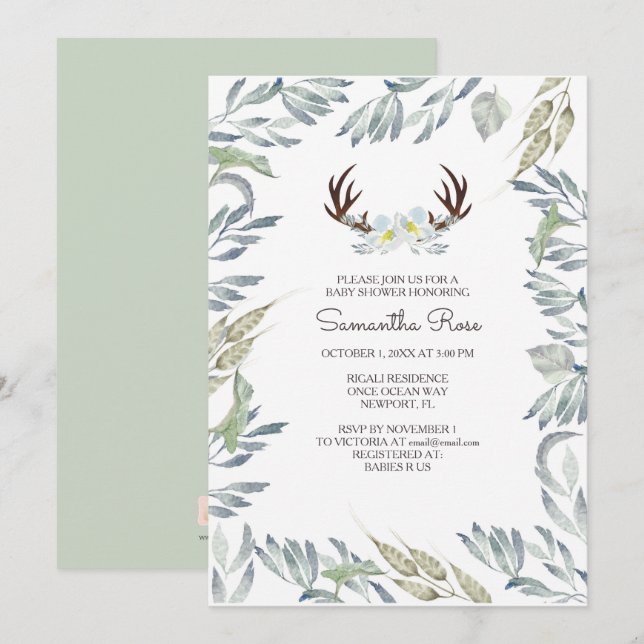 HJORT ANTLER Baby Shower Inbjudan - Boy (Fram/baksida)