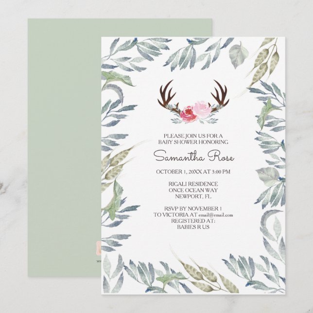 HJORT ANTLER Baby Shower Inbjudan - Girl (Fram/baksida)