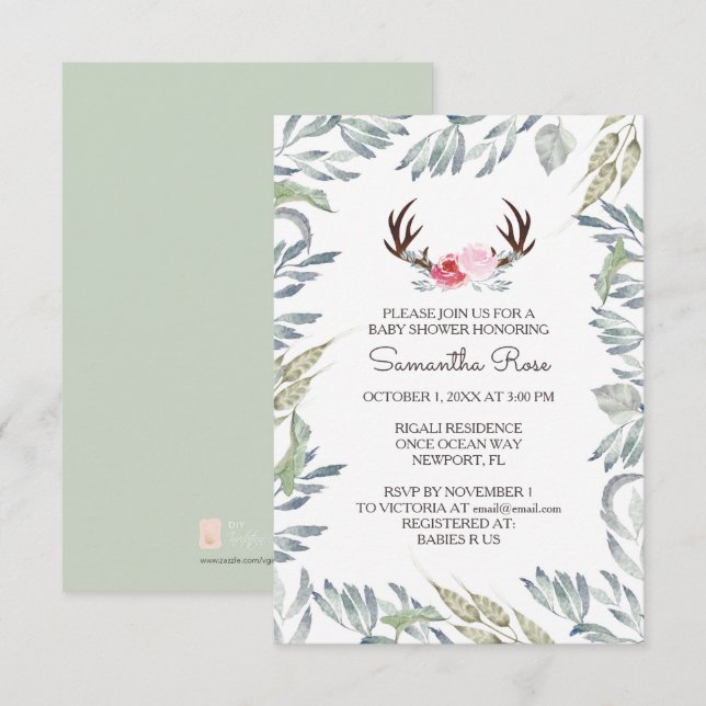 HJORT ANTLER Baby Shower Inbjudan, Girl Inbjudningar (Fram/baksida)