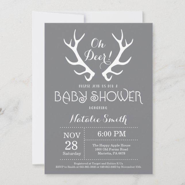 Hjort Antler Baby Shower-inbjudan Grått Inbjudningar (Framsida)