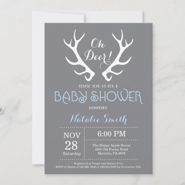 Hjort Antler Baby Shower-inbjudan Grått och Blue Inbjudningar (Framsida)