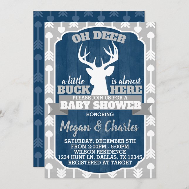 Hjort Antler Baby Shower Inbjudan Navy Grått (Fram/baksida)