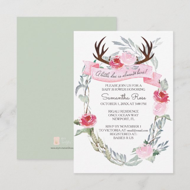 HJORT ANTLER Girl Baby Shower Inbjudan, Rosa Inbjudningar (Fram/baksida)