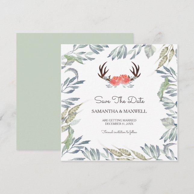 HJORT ANTLER & Greenery Save the Date, Peach Flowe Inbjudningar (Fram/baksida)