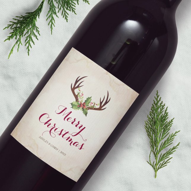 Hjort Antler jul-Vin-etiketten Rustic Boho Vinflaska Etikett (Skapare uppladdad)