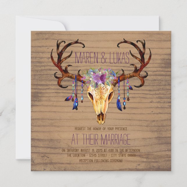 Hjort Antler Rustic Land Watercolor Bröllop Inbjudningar (Framsida)