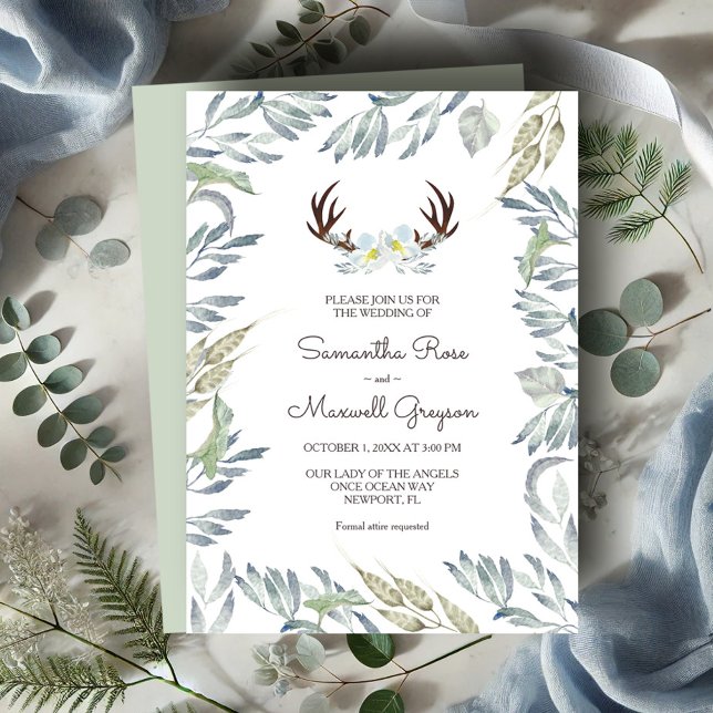 HJORT ANTLER Rustic Sage Grönt Bröllop Inbjudningar (Wedding invitations rustic watercolor deer antlers and botanical greenery)