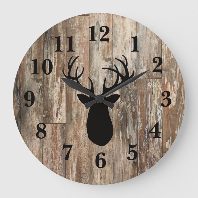 Hjort Antler Rustic Wood Decor Stor Klocka (Framsida)
