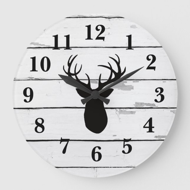 Hjort Antlers Black Silhouette Shiplap Rustic Deco Stor Klocka (Framsida)