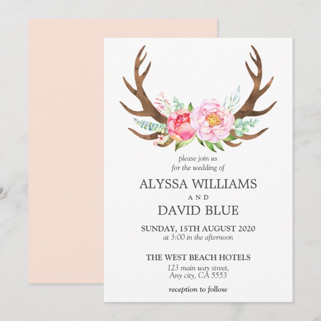 Hjort Antlers Boho Blommigt Watercolor Rosa Bröllo Inbjudningar (Fram/baksida)