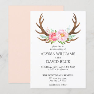 Hjort Antlers Boho Blommigt Watercolor Rosa Bröllo Inbjudningar