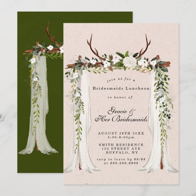 Hjort Antlers Canopy Bridesmaids Luncheon Inbjudni (Fram/baksida)