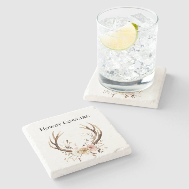 Hjort Antlers Cowgirl Rosa Blommigt Stenunderlägg (Sidan)