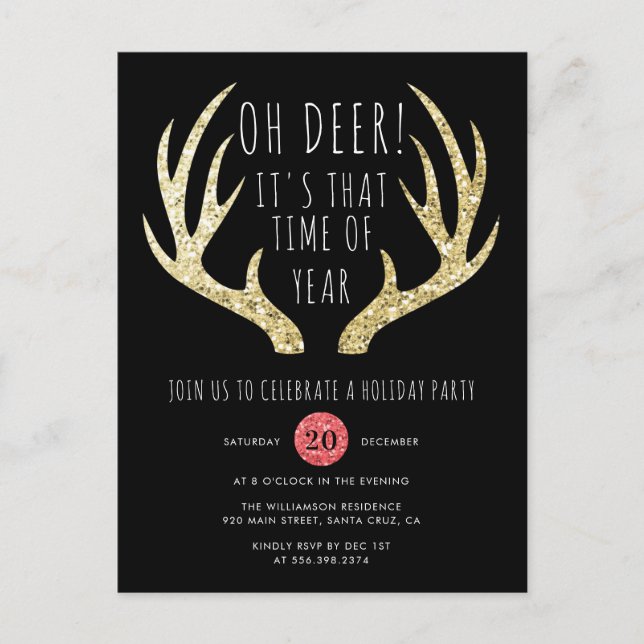 Hjort Antlers Guld & Black God Jul Julfest Inbjudan Vykort (Framsida)