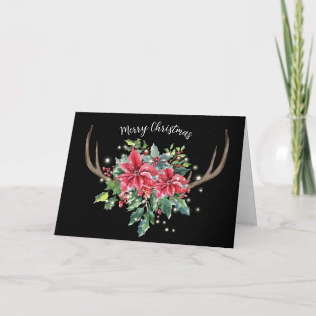 Hjort Antlers med Poinsettia Bouquet Card Kort (Framsida)