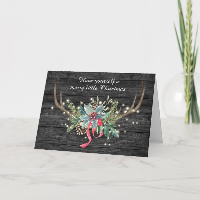 Hjort Antlers och jul Bouquet on Wood Kort (Framsida)