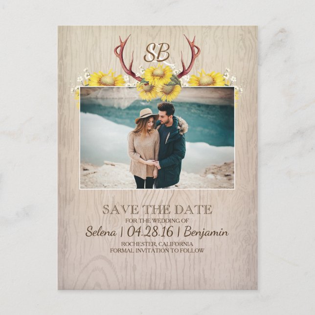 Hjort Antlers och Solblommor Photo Save Date Meddelande Vykort (Framsida)