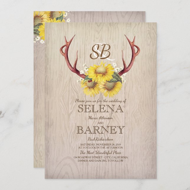 Hjort Antlers och Sunblommor Rustic Fall Wedding Inbjudningar (Fram/baksida)
