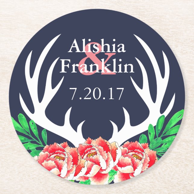 Hjort Antlers & Peonies Bride & Groom Bröllop Date Underlägg Papper Rund (Framsidan)