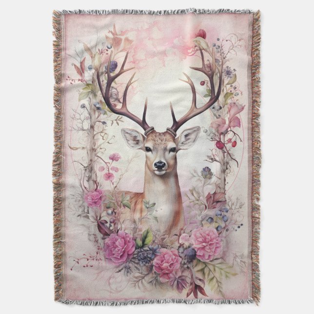 Hjort Antlers Rosa Flowers Woodsy jul Filt (Framsidan Vertikal)