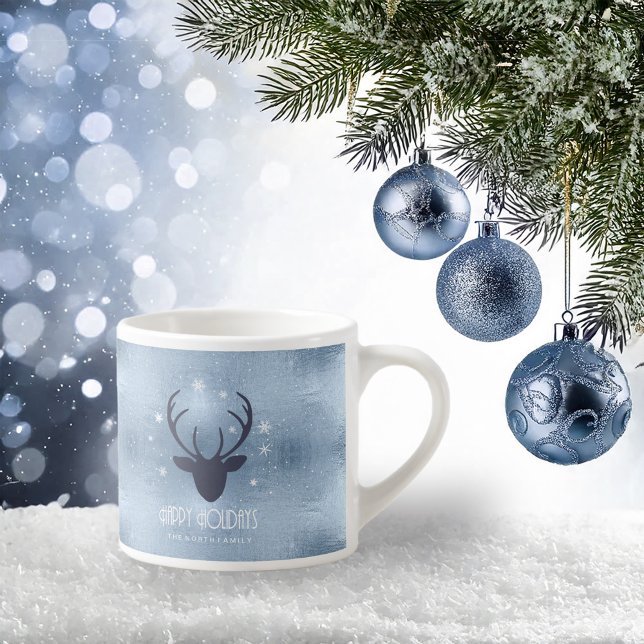 Hjort Antlers Silhouette & Snöflingor Blue ID861 Espressomugg (Skapare uppladdad)