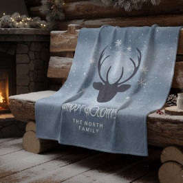 Hjort Antlers Silhouette & Snöflingor Blue ID861 Fleecefilt
