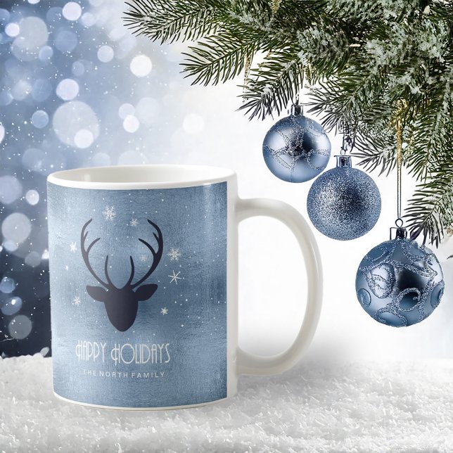 Hjort Antlers Silhouette & Snöflingor Blue ID861 Kaffemugg (Skapare uppladdad)