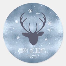 Hjort Antlers Silhouette & Snöflingor Blue ID861 Runt Klistermärke