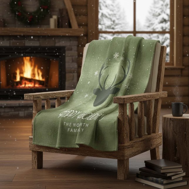 Hjort Antlers Silhouette & Snöflingor Grönt-ID861 Fleecefilt (Skapare uppladdad)