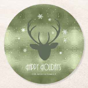 Hjort Antlers Silhouette & Snöflingor Grönt-ID861 Underlägg Papper Rund