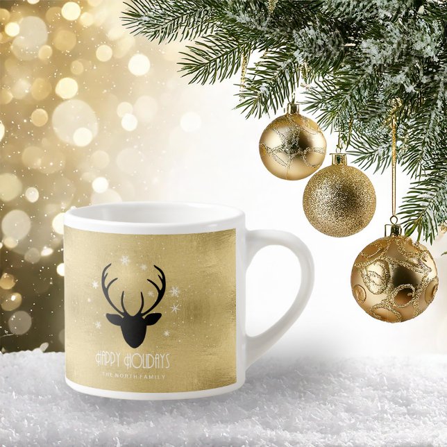 Hjort Antlers Silhouette & Snöflingor Guld ID861 Espressomugg (Skapare uppladdad)
