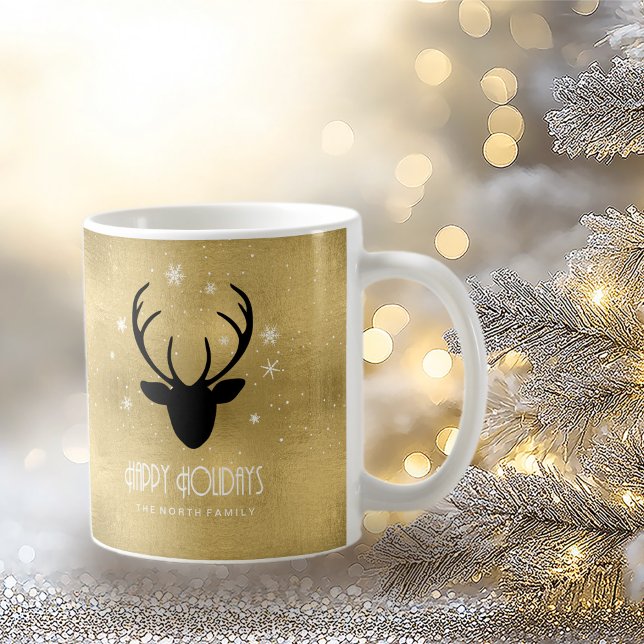 Hjort Antlers Silhouette & Snöflingor Guld ID861 Kaffemugg (Skapare uppladdad)