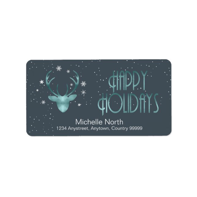 Hjort Antlers Silhouette & Snöflingor Teal ID861 Adressetikett (Framsidan)