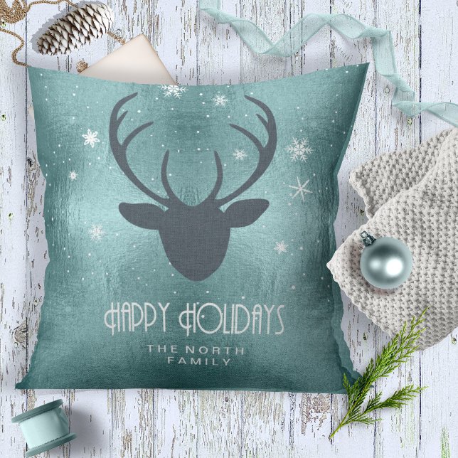Hjort Antlers Silhouette & Snöflingor Teal ID861 Kudde (Skapare uppladdad)
