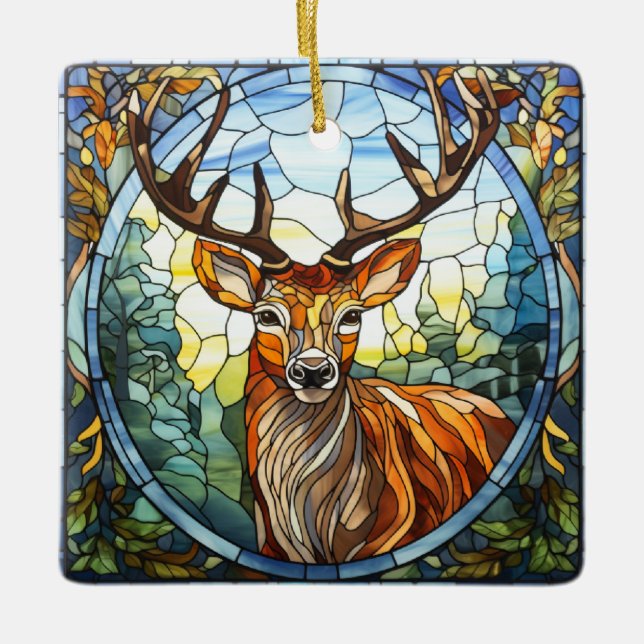 Hjort av fastkedjad glasskog julgransprydnad keramik (Framsida)