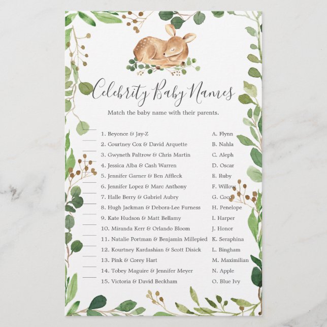 Hjort Baby Shower Celebrity Barn namn (Framsida)