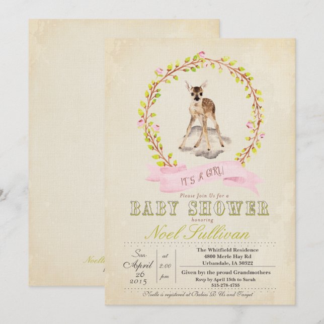Hjort Baby Shower Flickkort Invitation Inbjudningar (Fram/baksida)