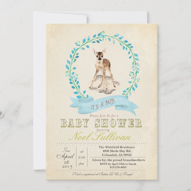 Hjort Baby Shower Pojke Inbjudan (Framsida)