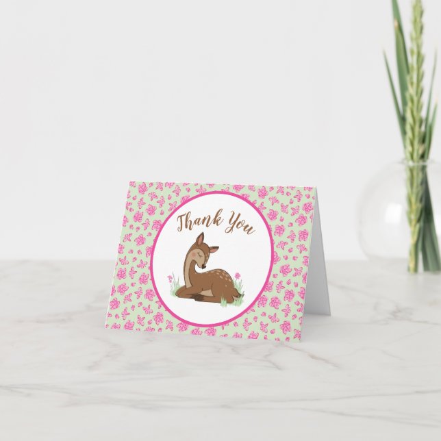 Hjort Baby Shower Woodland Fawn Rosa Tack Kort (Framsida)