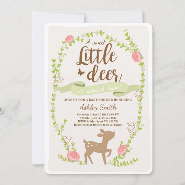 Hjort Babyduschinbjudan Woodland Girl rosa Inbjudningar (Framsida)