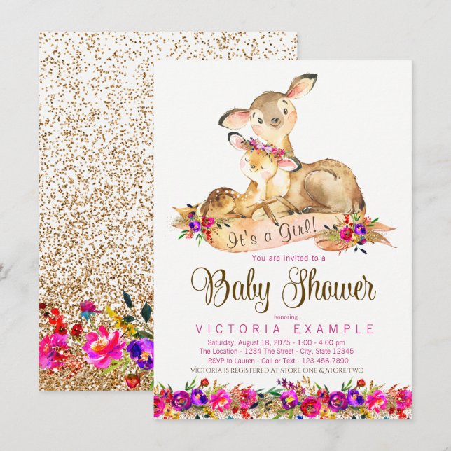 Hjort Babyflicka Bebis Shower Inbjudningar (Fram/baksida)