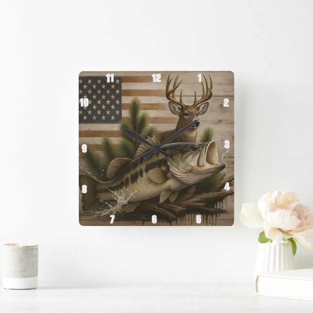 Hjort Bass American Flagga Fyrkantig Klocka (Hem)