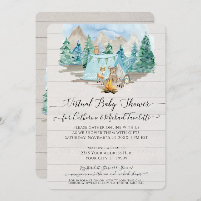 Hjort Bear Rustic Wood Forest Virtuell Baby Shower Inbjudningar (Fram/baksida)