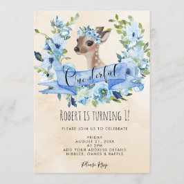 hjort blå blommig underbar 1-års födelsedagsinbjud inbjudningar