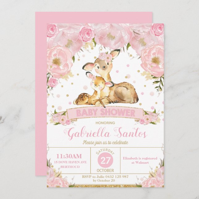 Hjort Blommigt Baby Shower-inbjudan Flicka Inbjudningar (Fram/baksida)